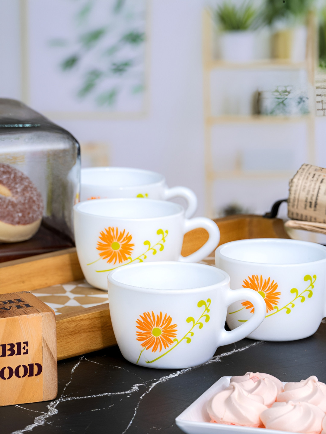 Cello White Floral Opalware Handmade 6 Piece Cups-130ml