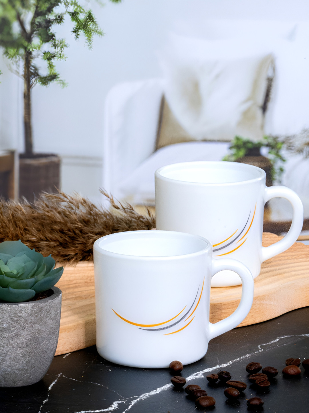 Cello Rosy Finch White Abstract Opalware Microwave Safe 6 Piece Cups-180ml