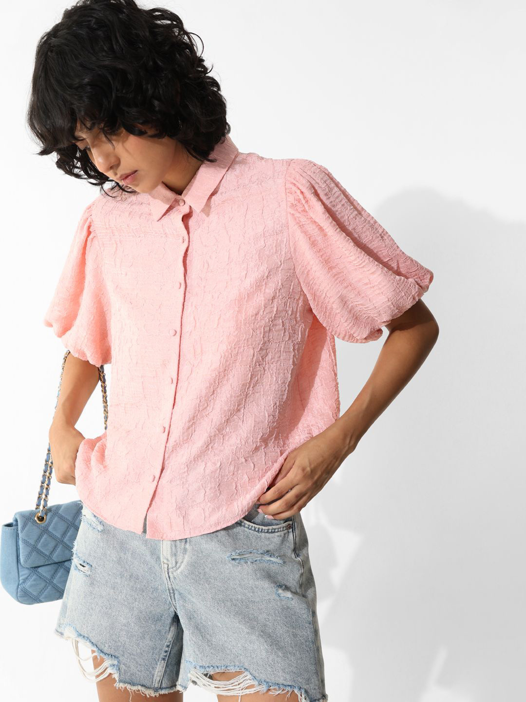 ONLY ONLCOURTEY PINK SS SHIR Self Designed Puff Sleeves Casual Shirt