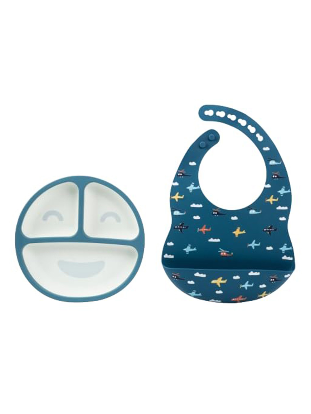 Starkiddo Blue & White Round-Shape Plate With Bibs