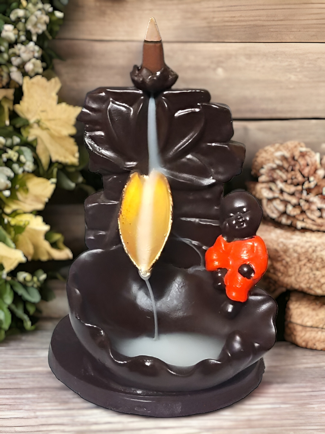 bettergiftflowers Buddha Orange Polyresin Glossy Prayer Room Fountain Small Showpiece - 6.4 Inches