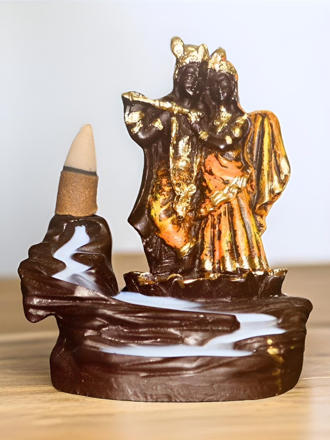 bettergiftflowers Radha Krishna Smoke Orange Polyresin Glossy Prayer Room Fountain Tiny Showpiece - 4.1 Inches