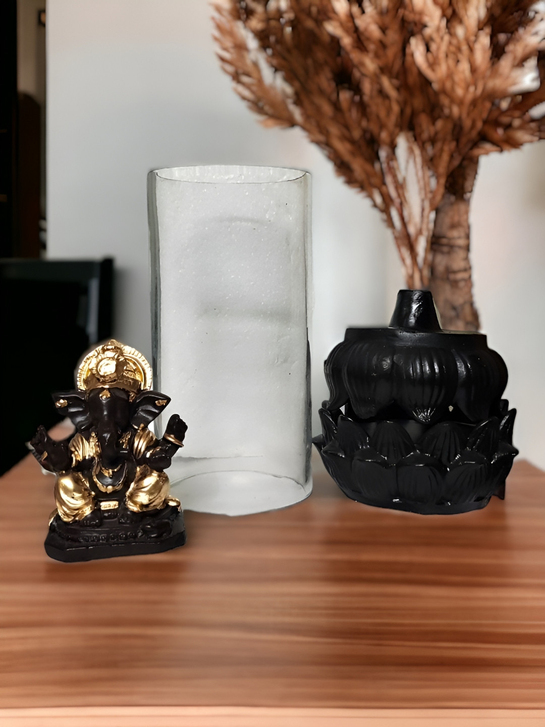 bettergiftflowers Ganesha Smoke Fountain Black Polyresin Natural Prayer Room Set of 3 Medium Showpieces - 8.6 Inches