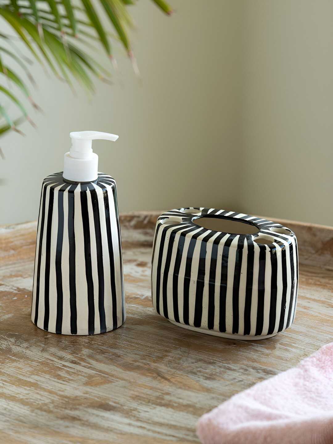 ExclusiveLane White & Black 2 Pieces Striped Ceramic Soap Dispenser & Toothbrush Holder
