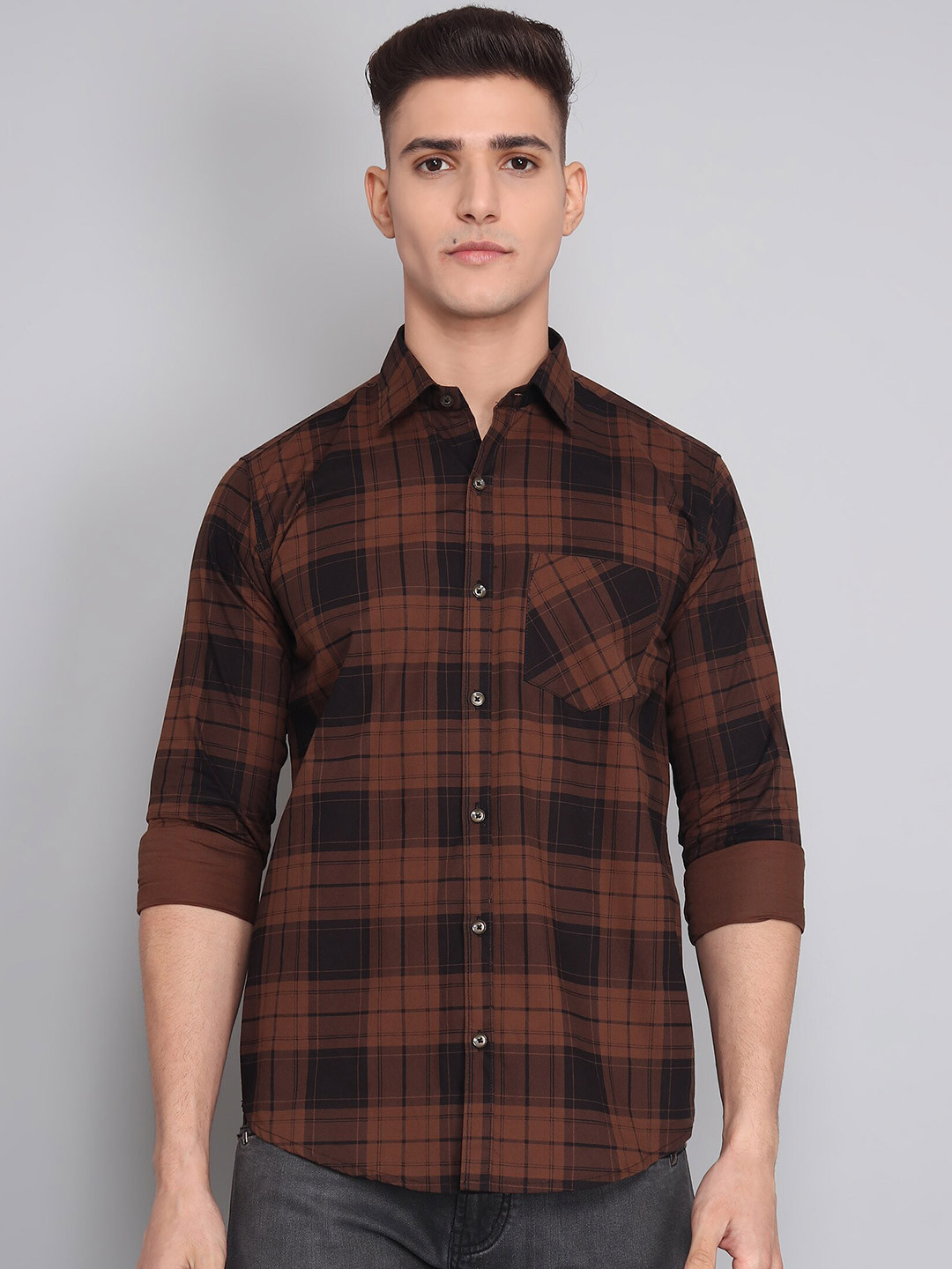 TRYBUY.IN Original Tartan Checks Checked Spread Collar Cotton Casual Shirt