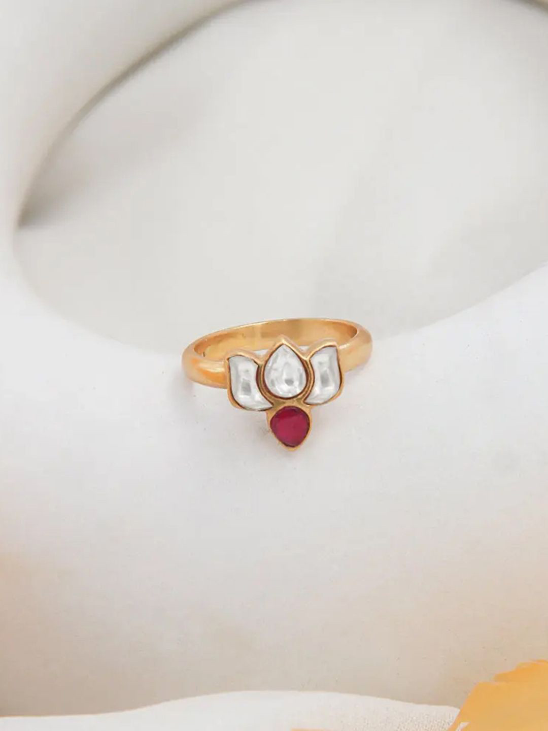 Unniyarcha Gold-Plated Artificial Stone Studded Lotus Finger Ring