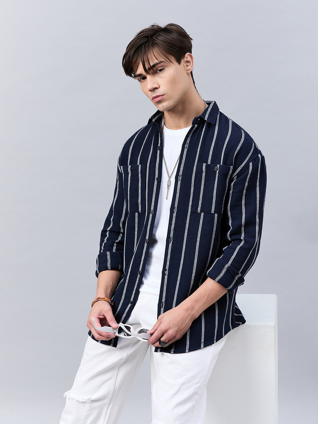 Style Quotient Navy Blue Relaxed Opaque Striped Casual Shirt