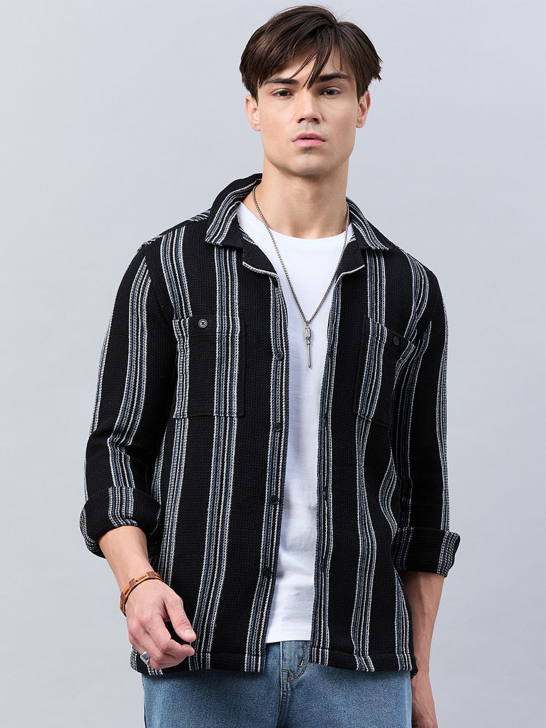 Style Quotient Black Classic Opaque Striped Casual Shirt