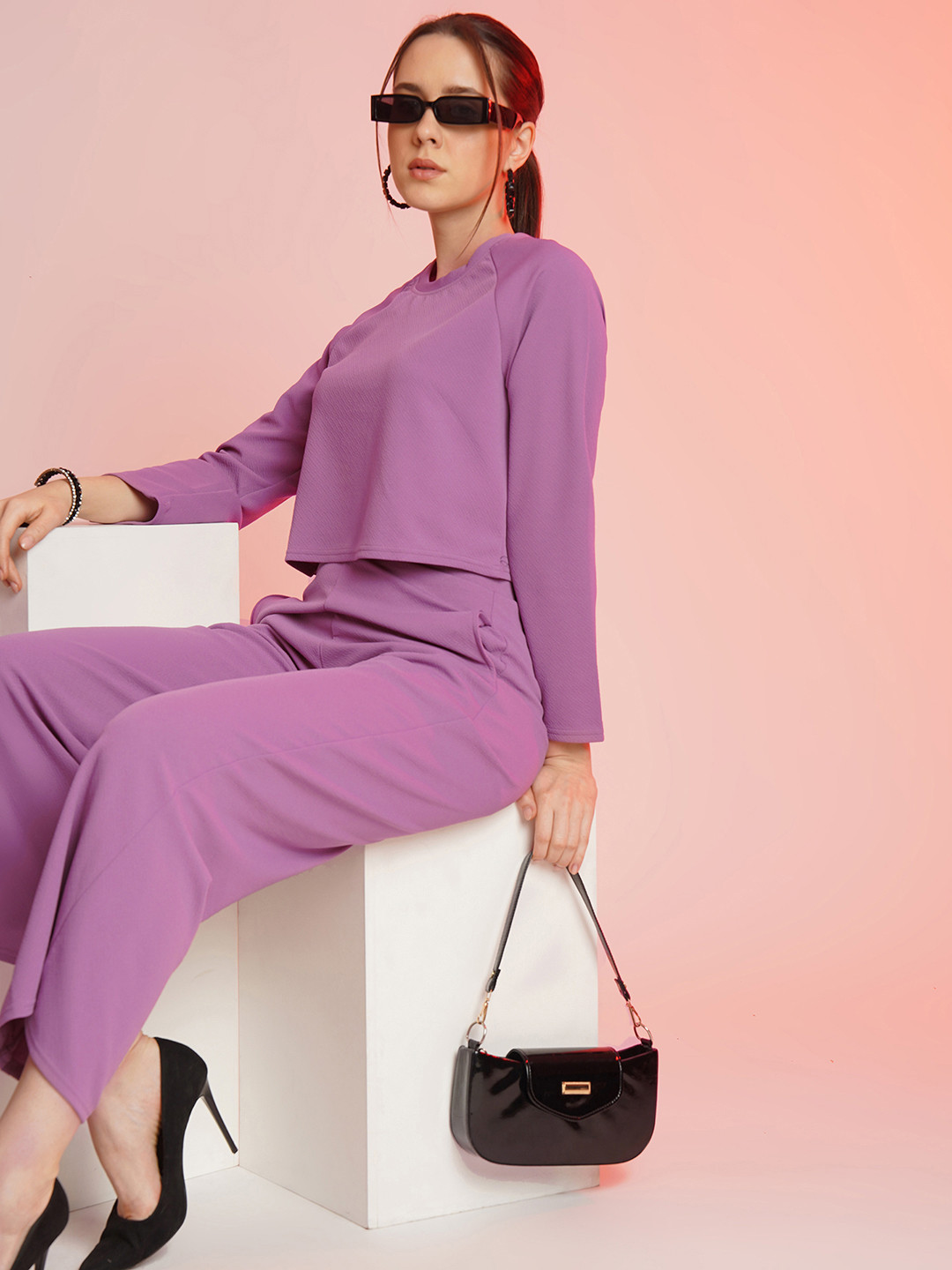 Selvia Textured Self Design Round Neck Top With Palazzos