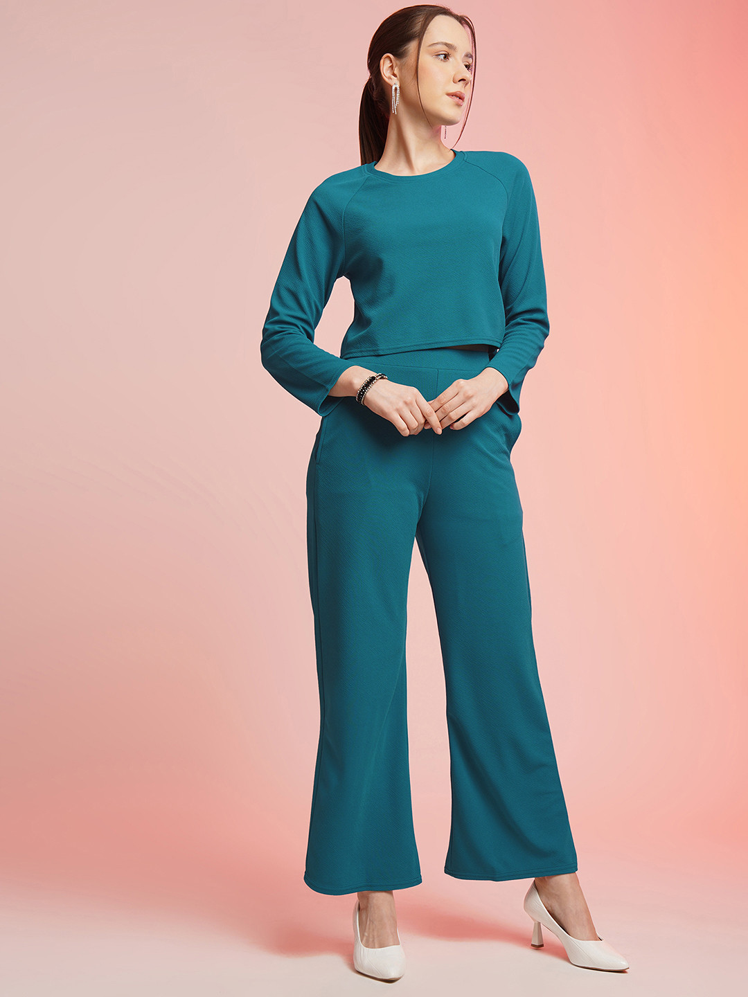 Selvia Textured Self Design Round Neck Top With Palazzos