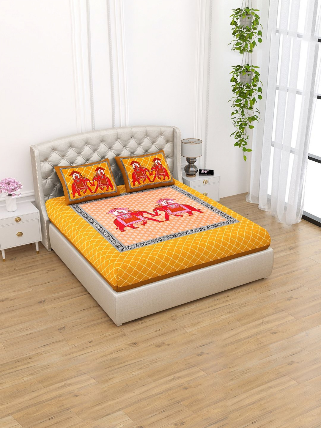 Aapno Rajasthan Yellow Ethnic Motifs Cotton Skin-Friendly 120 TC Queen Bedsheet with 2 Pillow Covers-220 x 275 cm