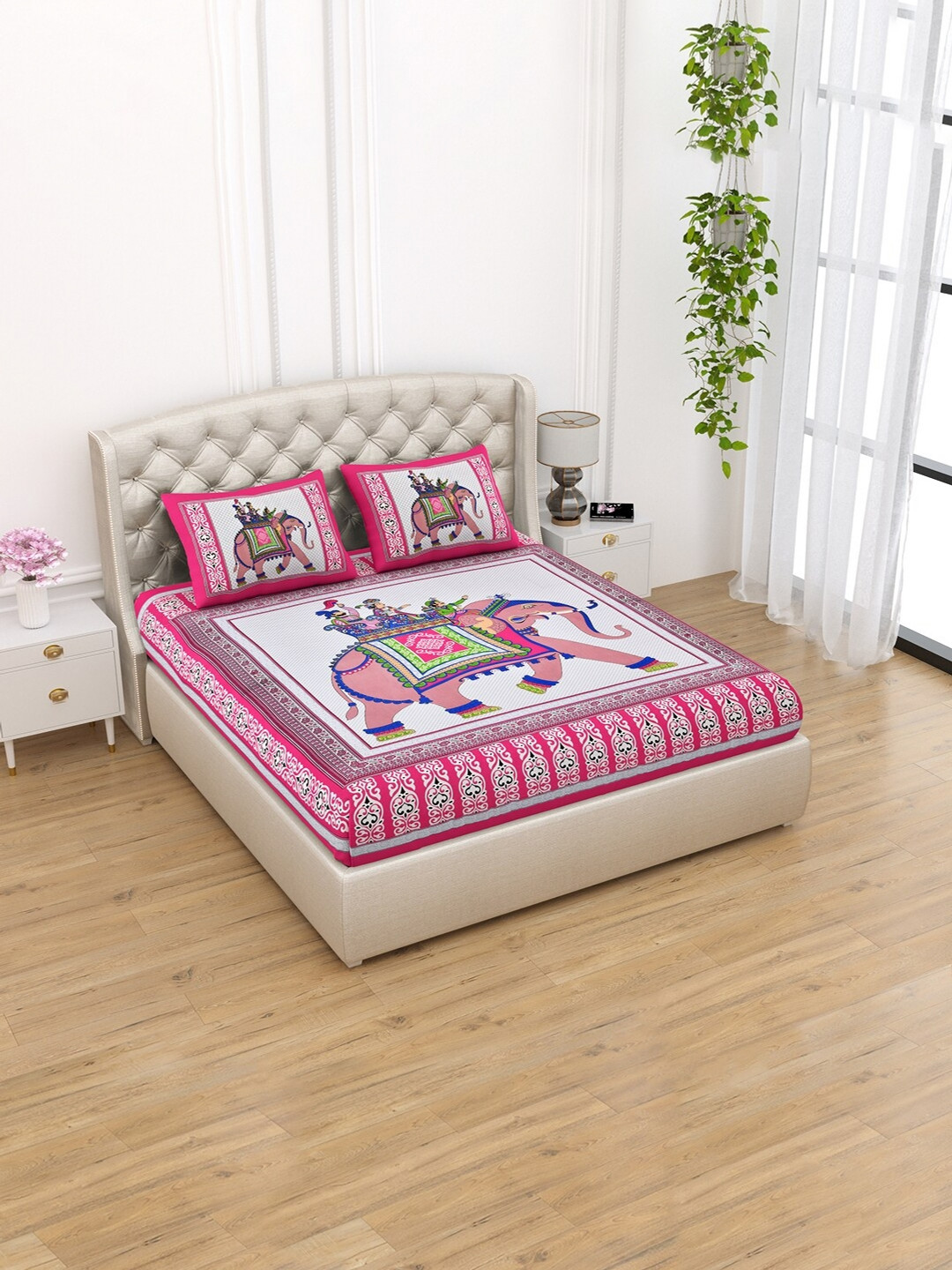 Aapno Rajasthan Rajputana Pink Ethnic Motifs Cotton 120 TC Queen Bedsheet with 2 Pillow Covers-87 x 85 inches