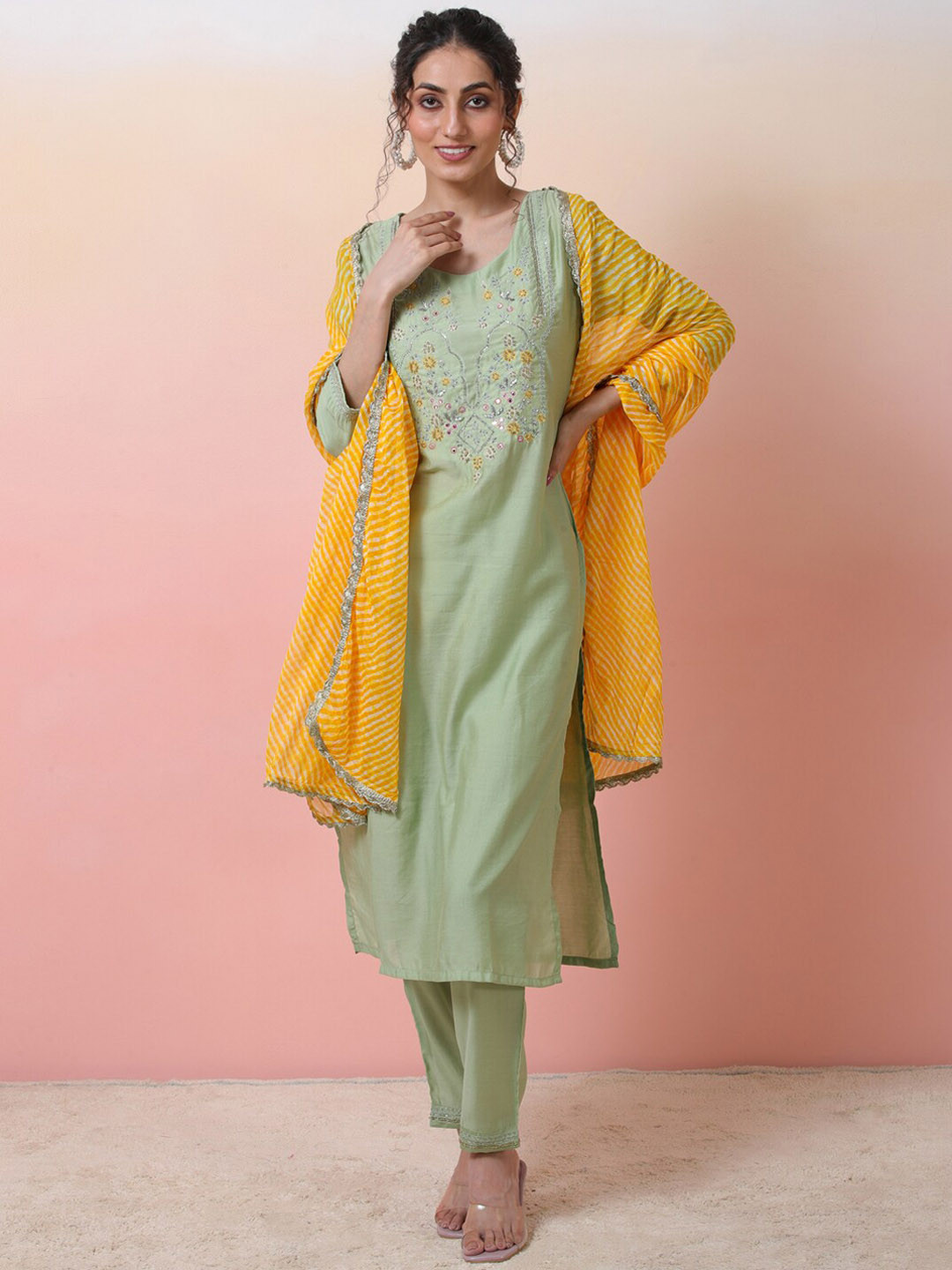Sangria Green Floral Embroidered Chanderi Silk Straight Kurta With Trousers  & Dupatta