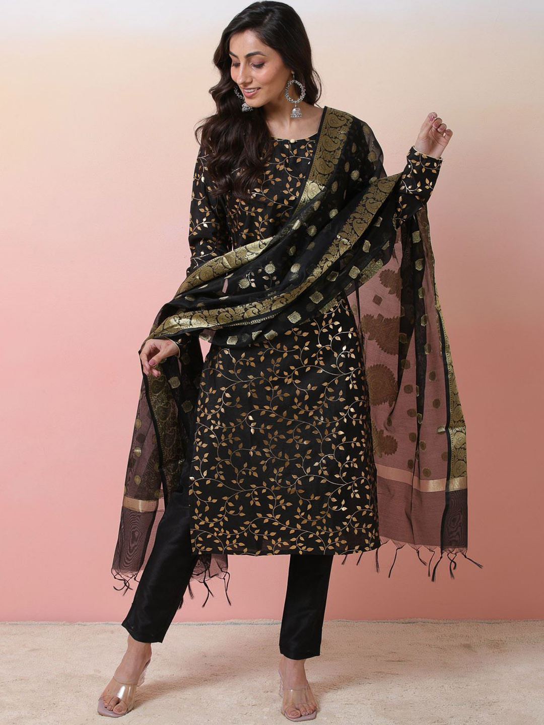 Sangria Black Floral Printed Chanderi Silk Straight Kurta With Trouser & Dupatta