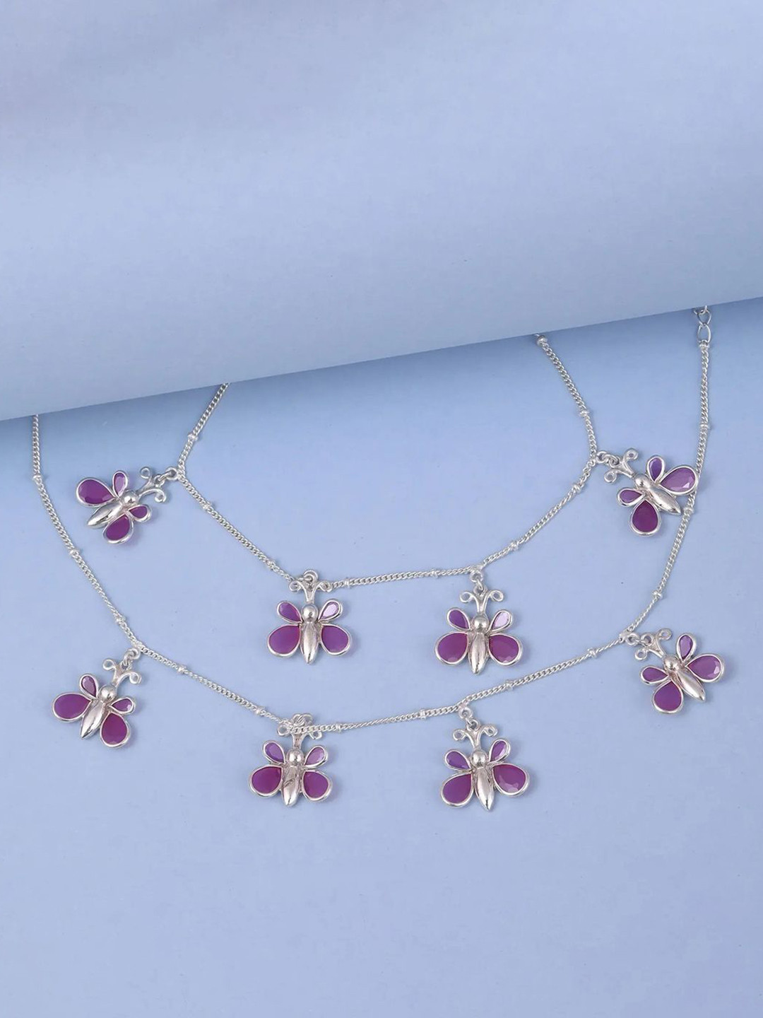 Unniyarcha Silver Butterfly Artificial Stones and Beads Anklet