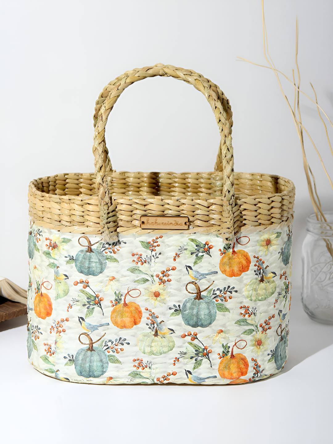 HABERE INDIA White & Beige Printed Fruit and Vegetable Basket