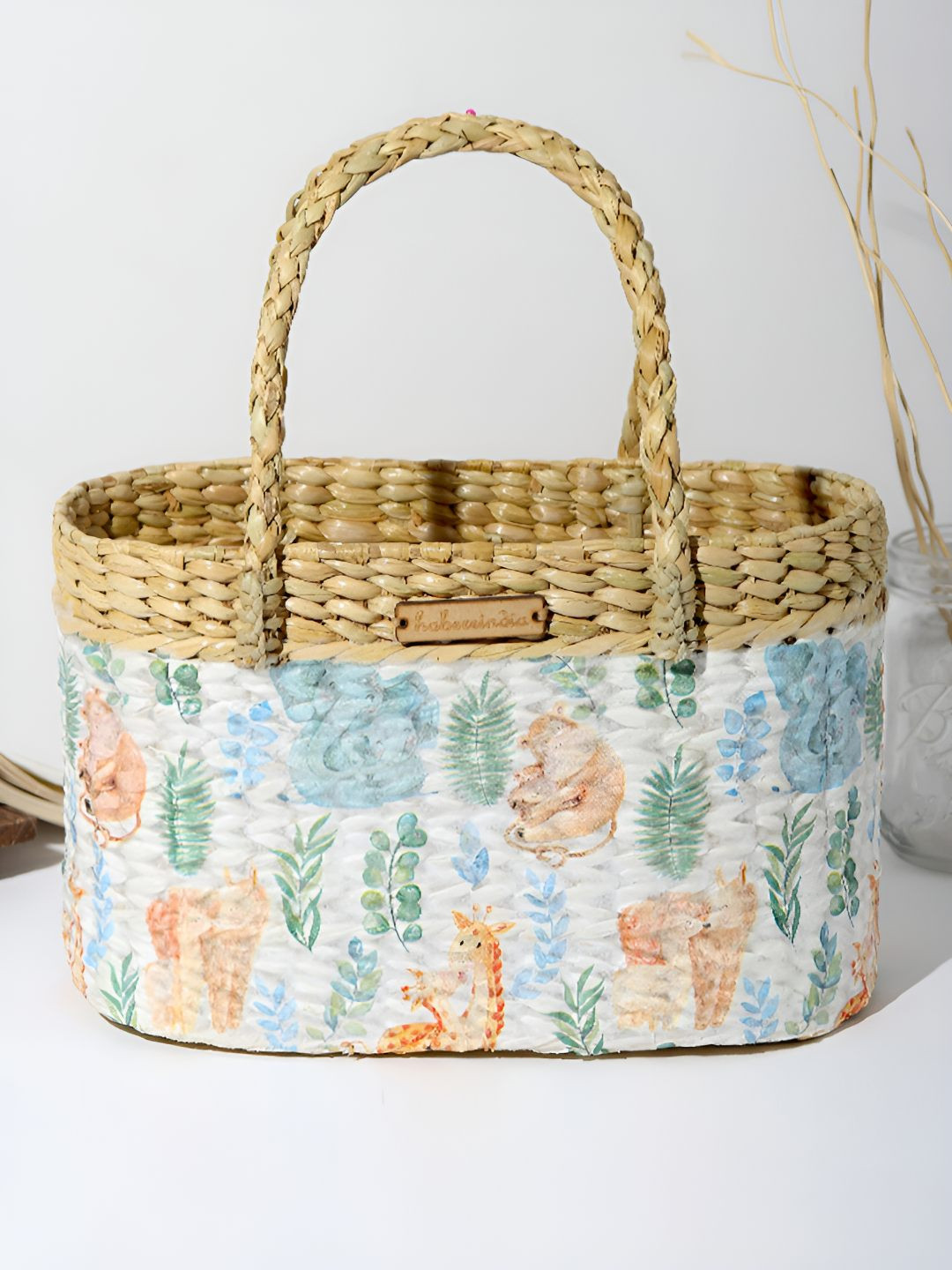 HABERE INDIA Beige & White Printed Fruit and Vegetable Basket