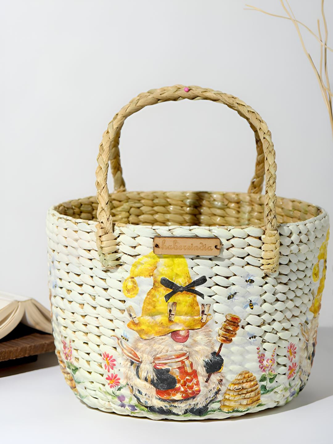 HABERE INDIA White & Yellow Printed Seagrass Fruit Basket
