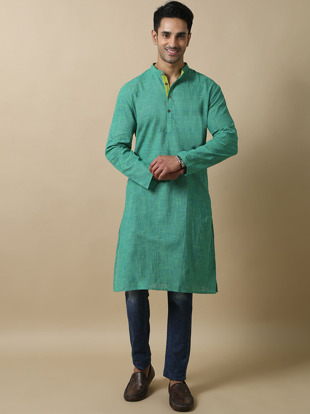 FILORI STUDIO Woven Design Band Collar Cotton Straight Kurta
