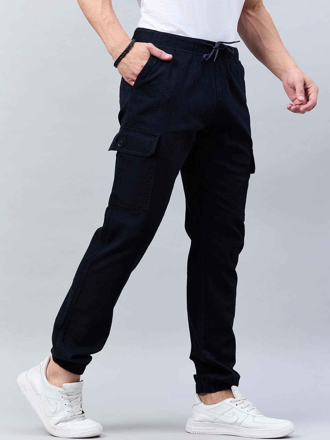 Style Quotient Men Navy Blue Smart Slim Fit Mid-Rise Stretchable Cotton Joggers Trousers