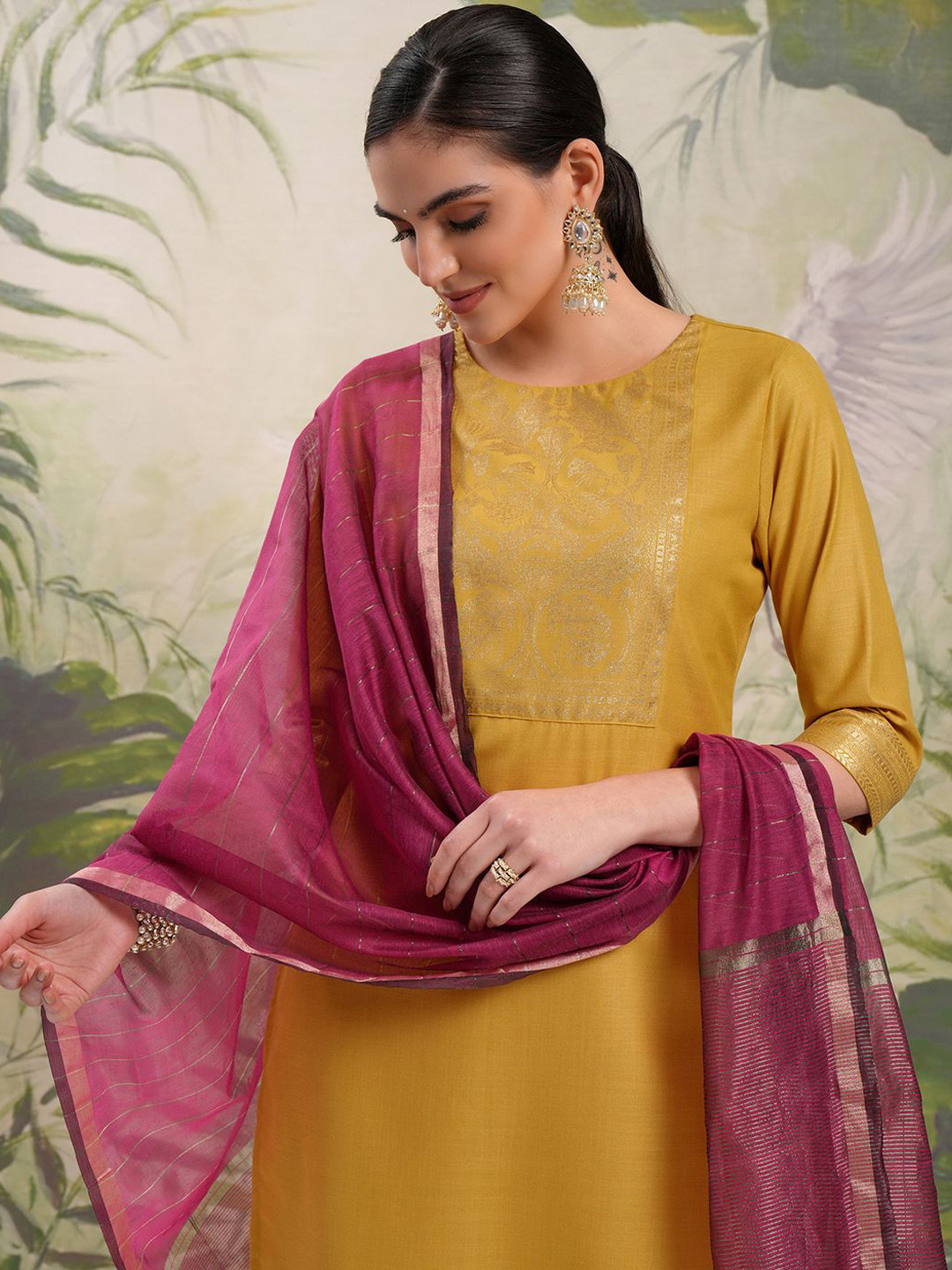 Vishudh Yellow Ethnic Motifs Yoke Design Straight Kurta With Trousers & Dupatta