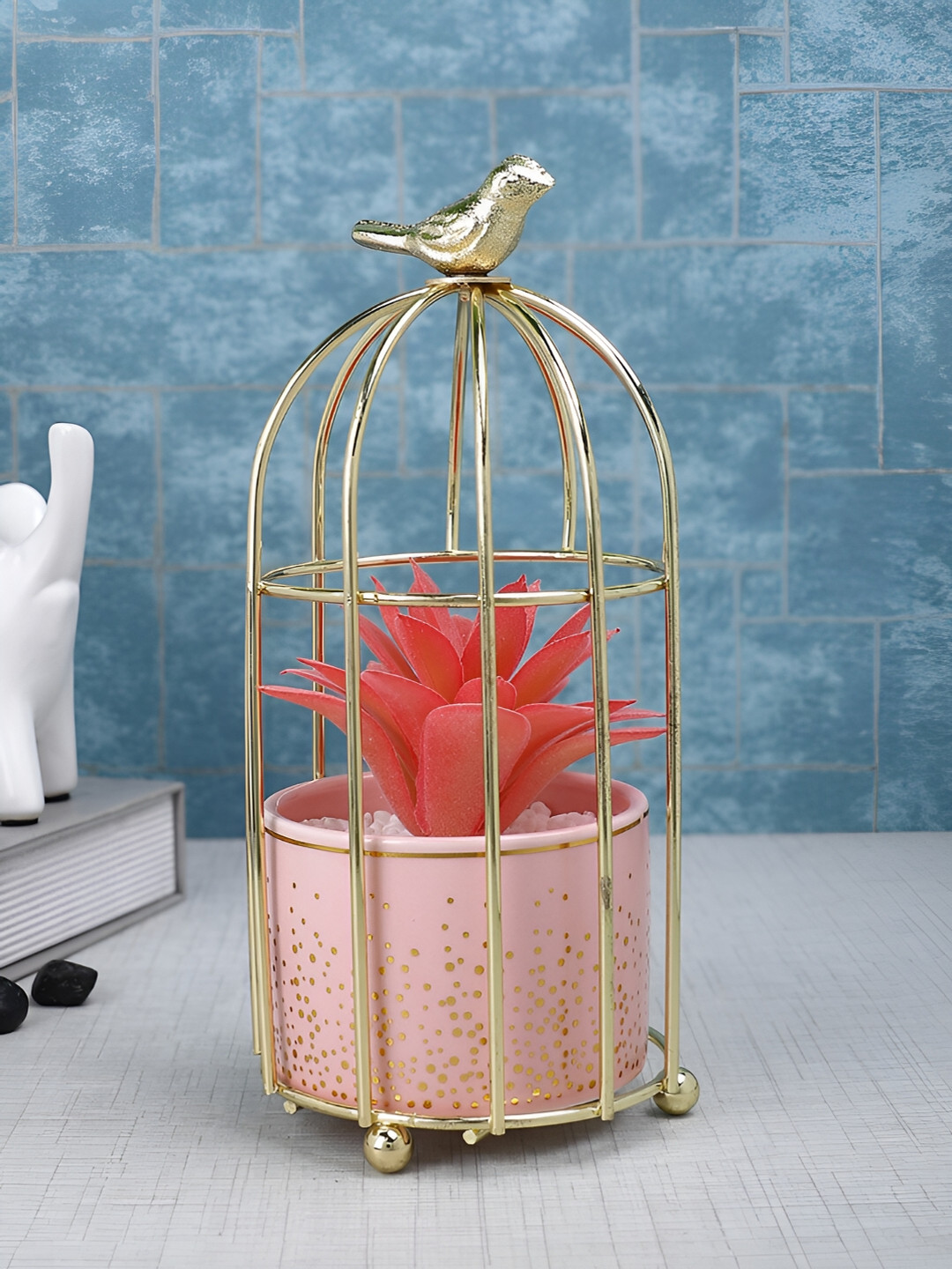 TAYHAA Pink & Gold Toned Succulent Artificial Plant With Pot