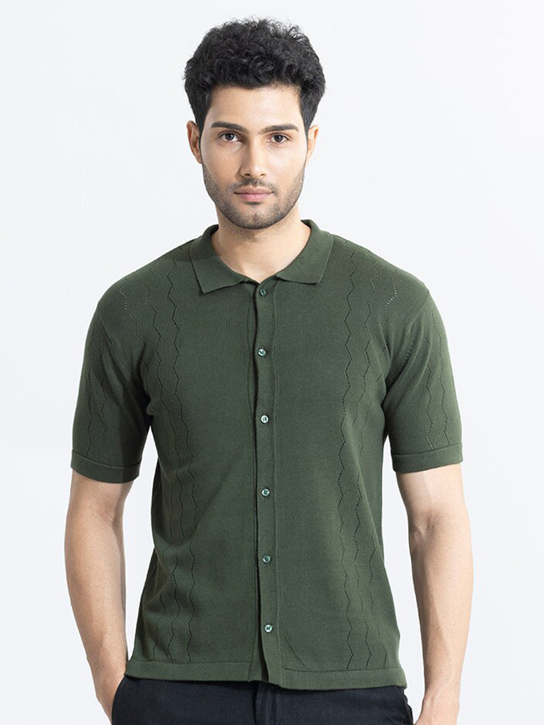 Snitch Olive Green Textured Self Design Classic Slim Fit Cotton Opaque Casual Shirt