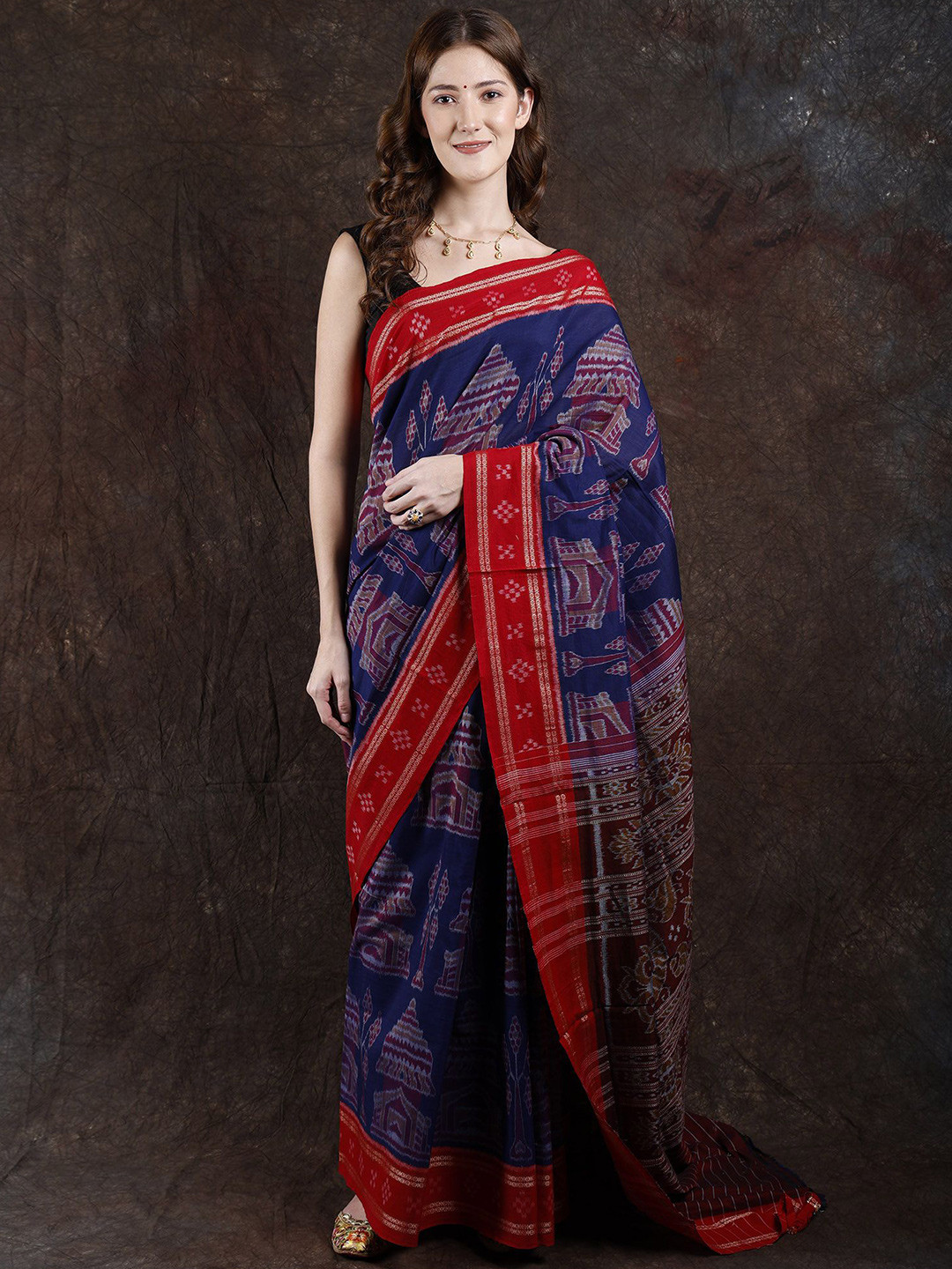 Exotic India Medieval Blue Cotton Ikat Handloom Sambhalpuri Saree with Rudraksha Border