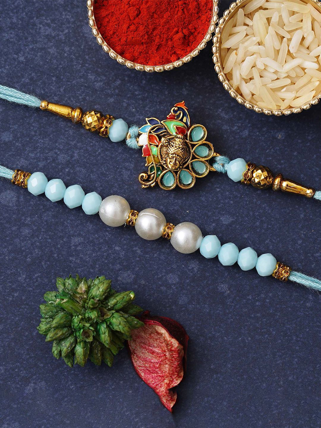 eCraftIndia Set of 2 Lord Shrinathji & Pearls Designer Rakhis with Roli Chawal Pack