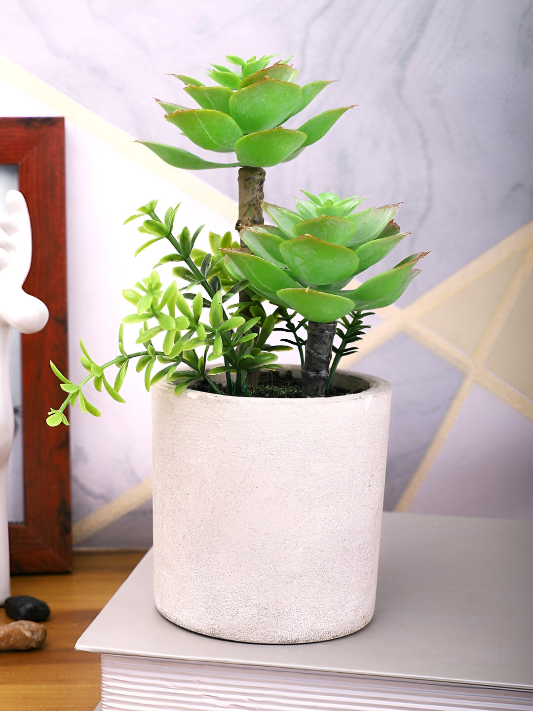 TAYHAA Green & White Succulent Artificial Plant With Pot