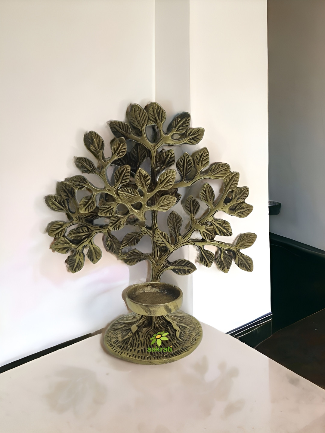 Aakrati Tree with Candle Holder Yellow Brass Metallic Living Room Small Showpiece - 7 Inches