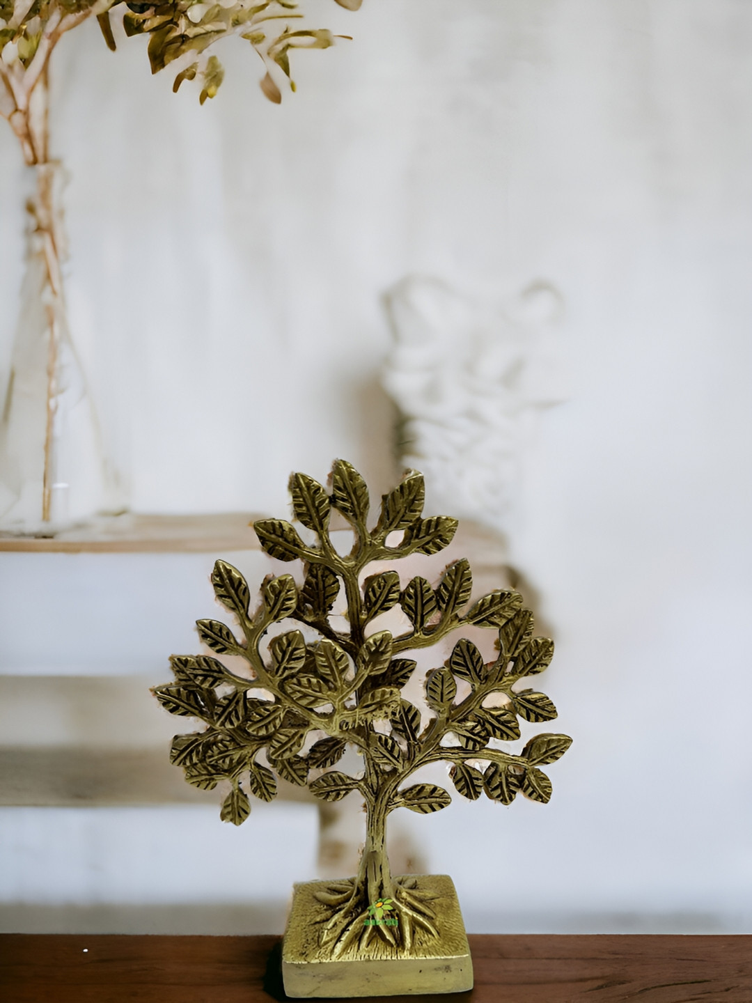 Aakrati Kalpavriksh Tree Yellow Brass Metallic Living Room Small Showpiece - 8 Inches