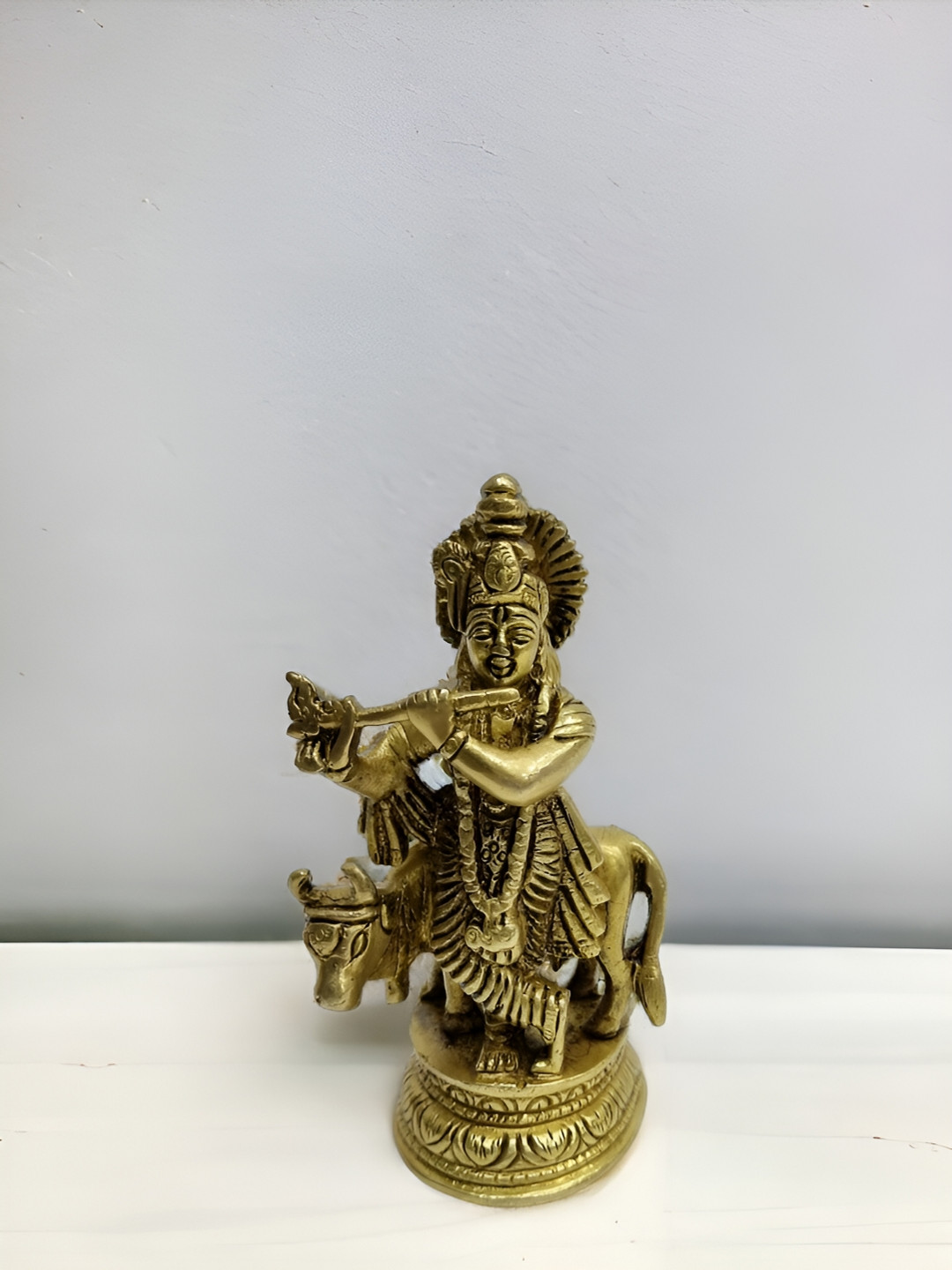 Aakrati Lord Krishna with Cow, Gopala Yellow Brass Metallic Prayer Room Small Showpiece - 5 Inches