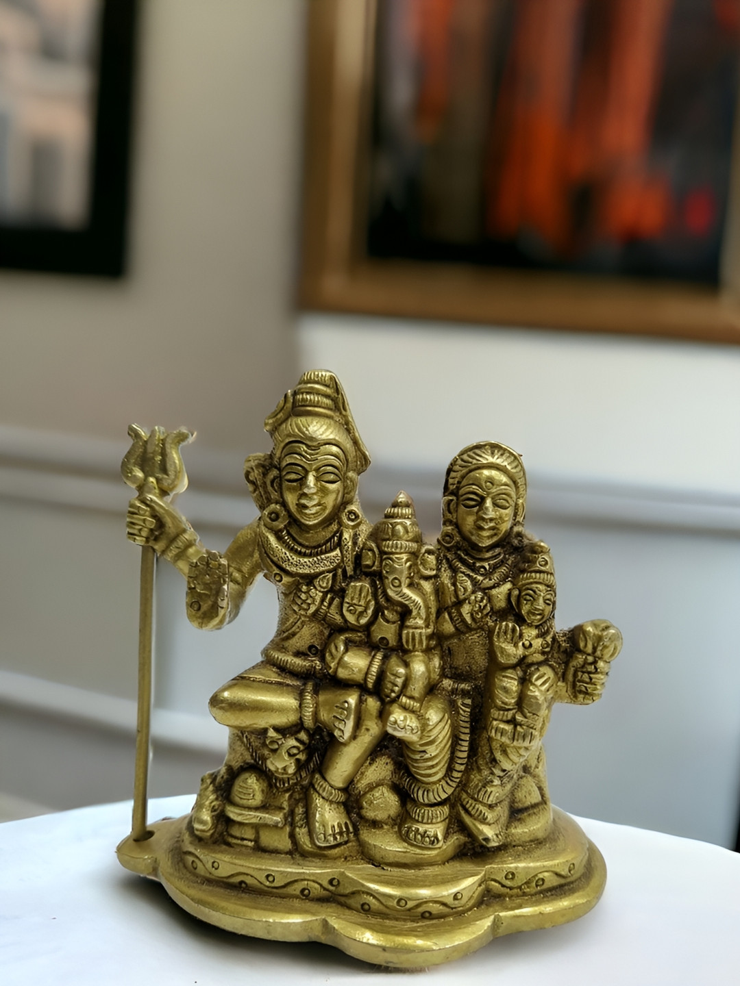 Aakrati Shiva Family Yellow Brass Metallic Prayer Room Tiny Showpiece - 4 Inches