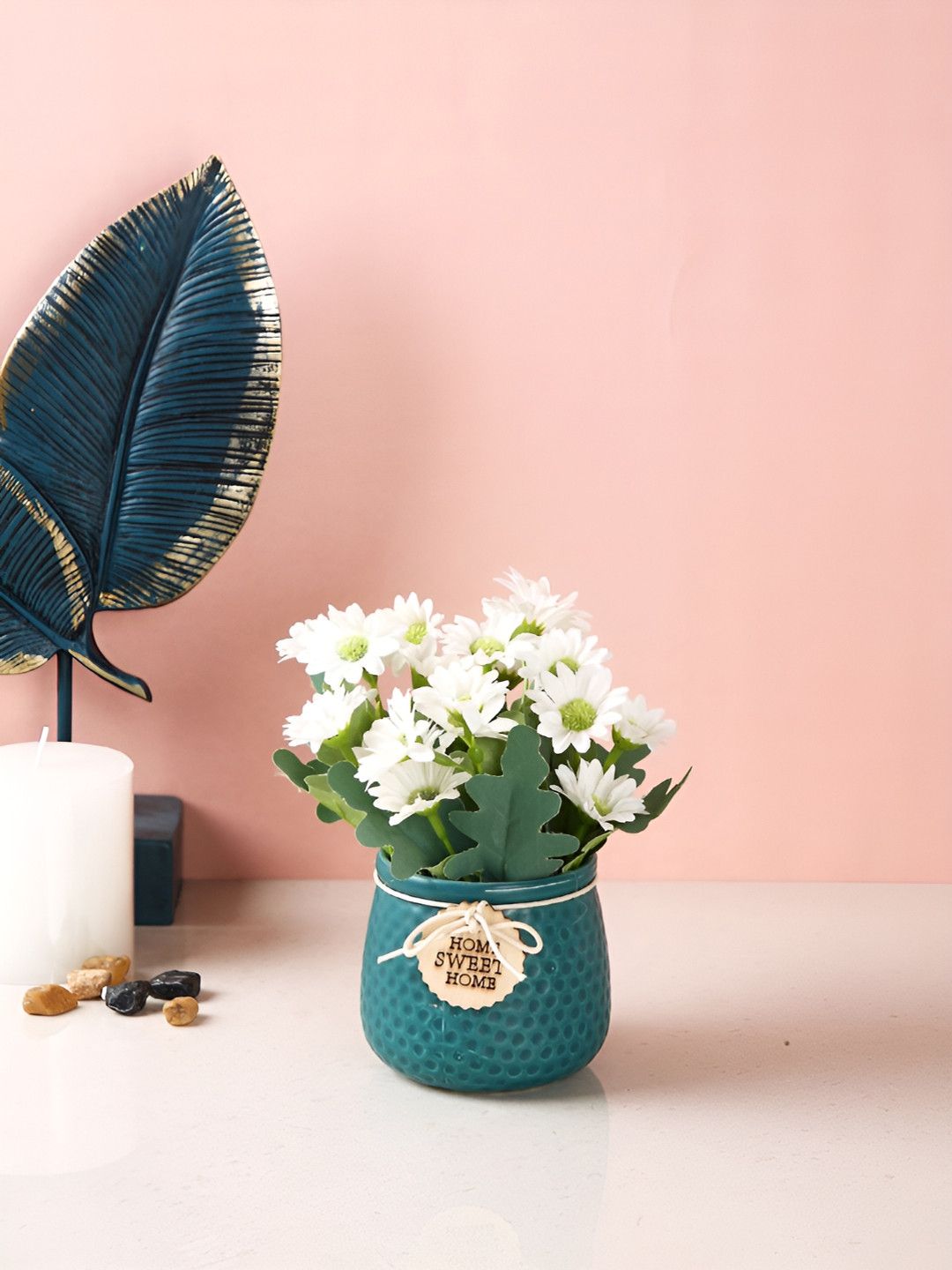 TAYHAA White & Blue Daisy Artificial Plant With Pot