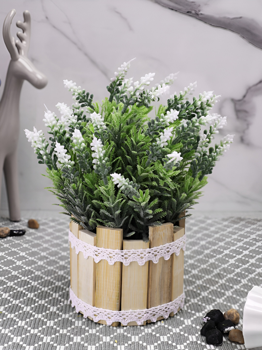 TAYHAA White & Beige Rosmarinus Artificial Plant With Pot