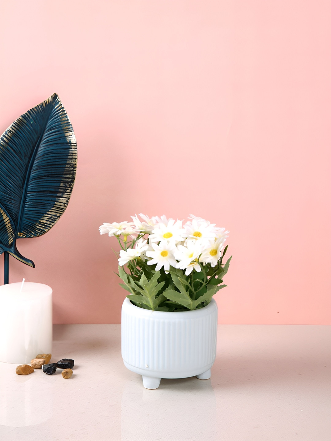 TAYHAA White & Green Daisy Artificial Plant With Ceramic Pot