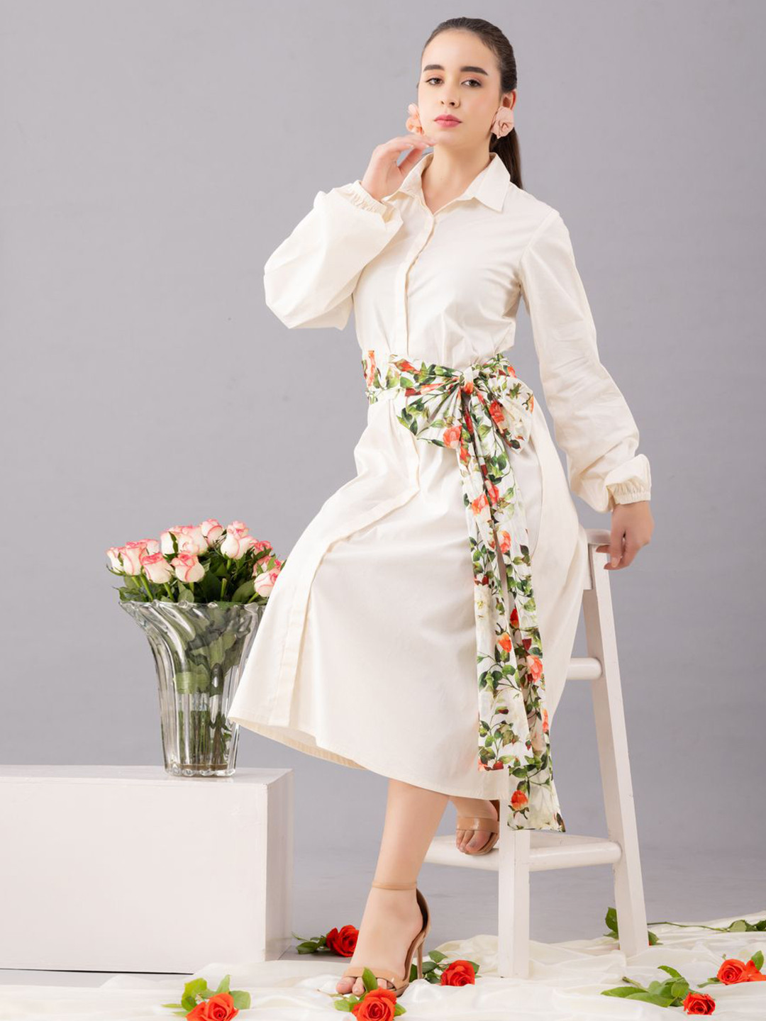 KOVET Women Shirt Collar Long Sleeves Cotton Midi Shirt Dress