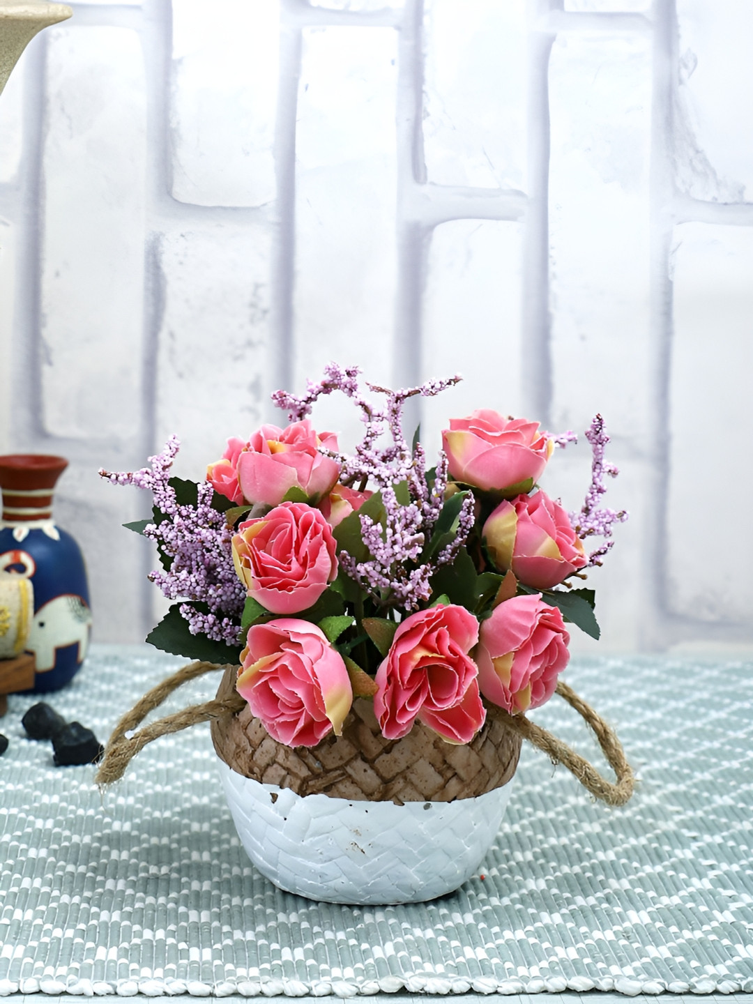 TAYHAA Pink Rose Artificial Plant With Pot
