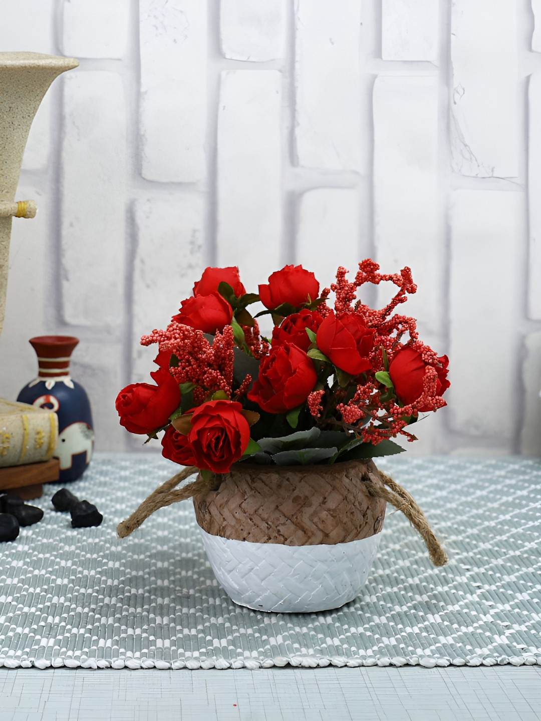 TAYHAA Red & Gren Rose Artificial Plant With Ceramic Pot