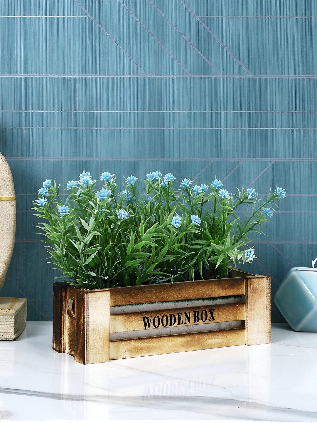 TAYHAA Blue & Green Rosmarinus Artificial Plant With Pot