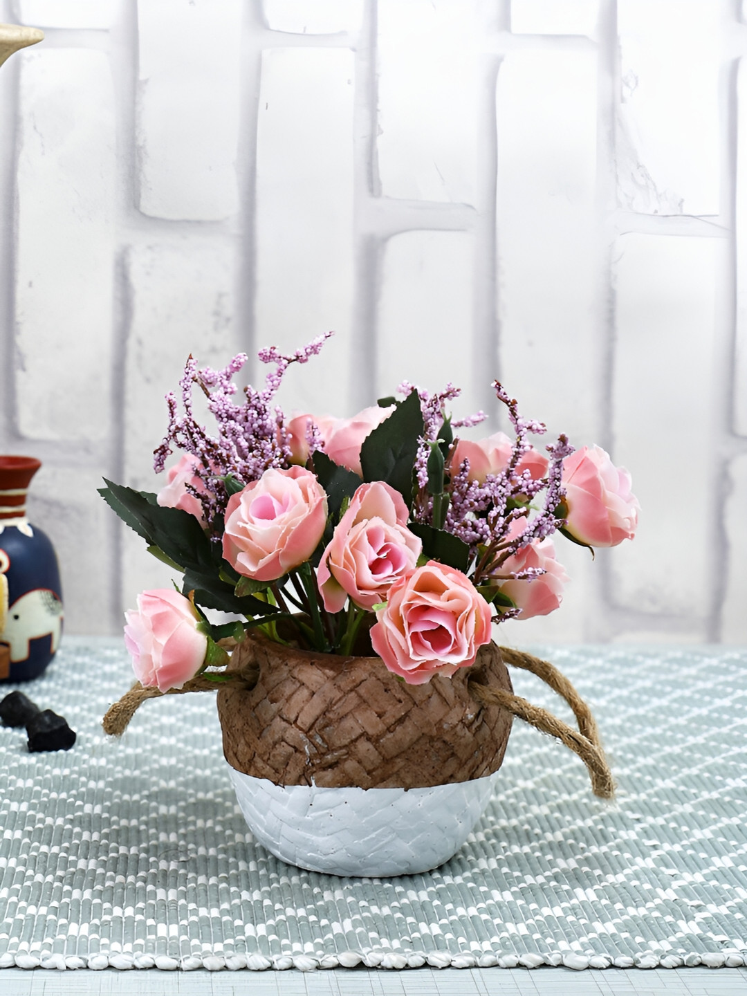 TAYHAA Pink & Brown Rose Artificial Plant With Ceramic Pot