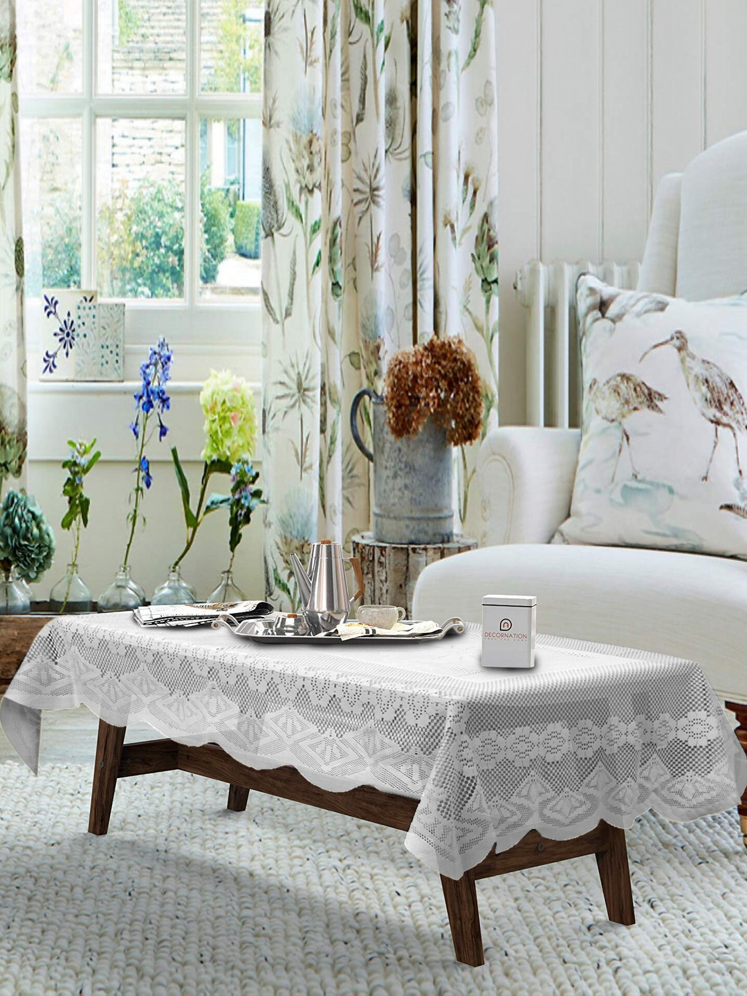 Aura White Floral 2 Seater Rectangle Table Cover With Textured details