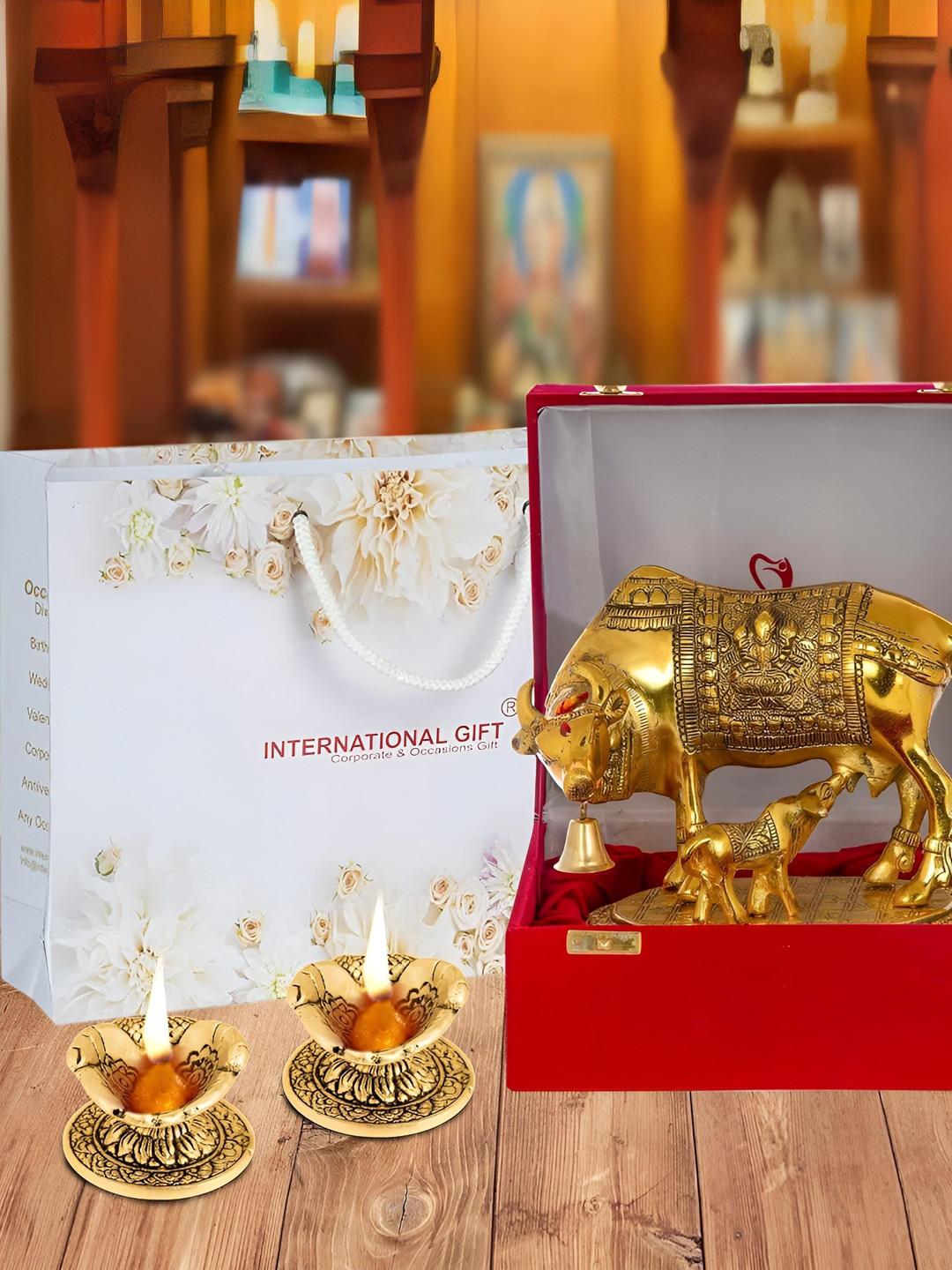 INTERNATIONAL GIFT Kamdhenu Cow with Diya Gold Metal Metallic Prayer Room Small Showpiece -