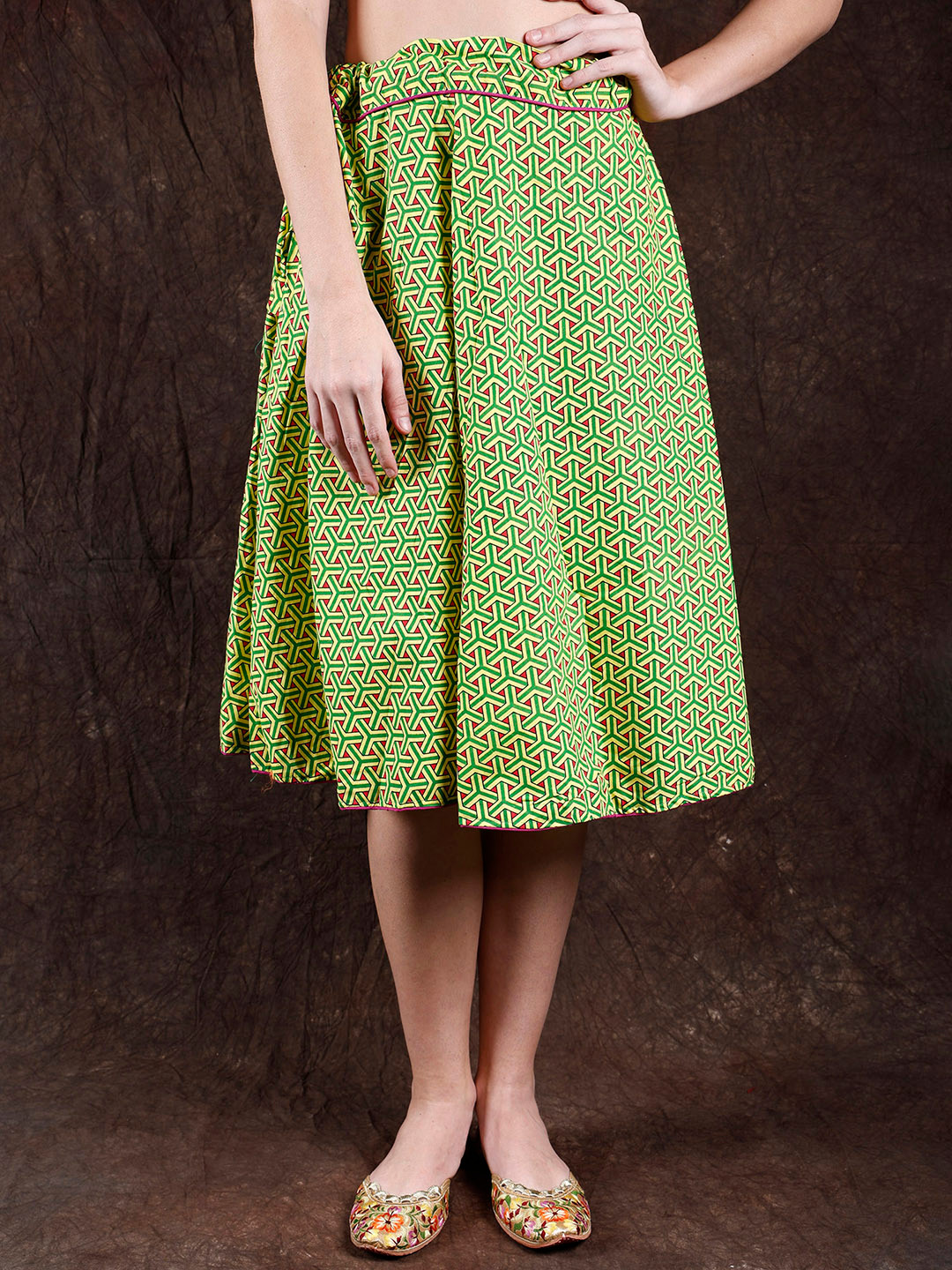 Exotic India Printed Pure Cotton Sheen Midi Skirt with Piping