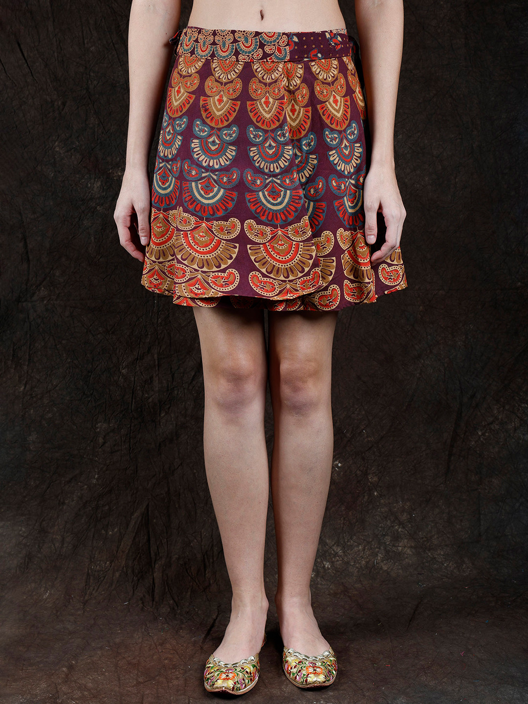 Exotic India French Roast Pure Cotton Sanganeri Wrap-Around Mini-Skirt with Printed Motifs