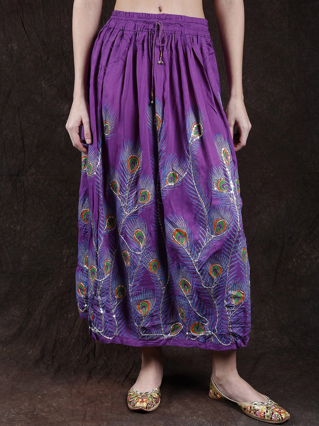 Exotic India Peacock Feather Embroidered Sequinned Pure Cotton Flared Maxi Skirt