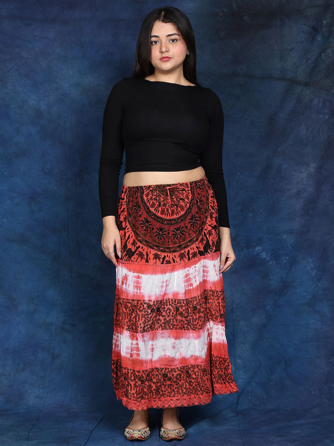 Exotic India Batik-Dyed Printed Pure Cotton Midi Flared Skirt