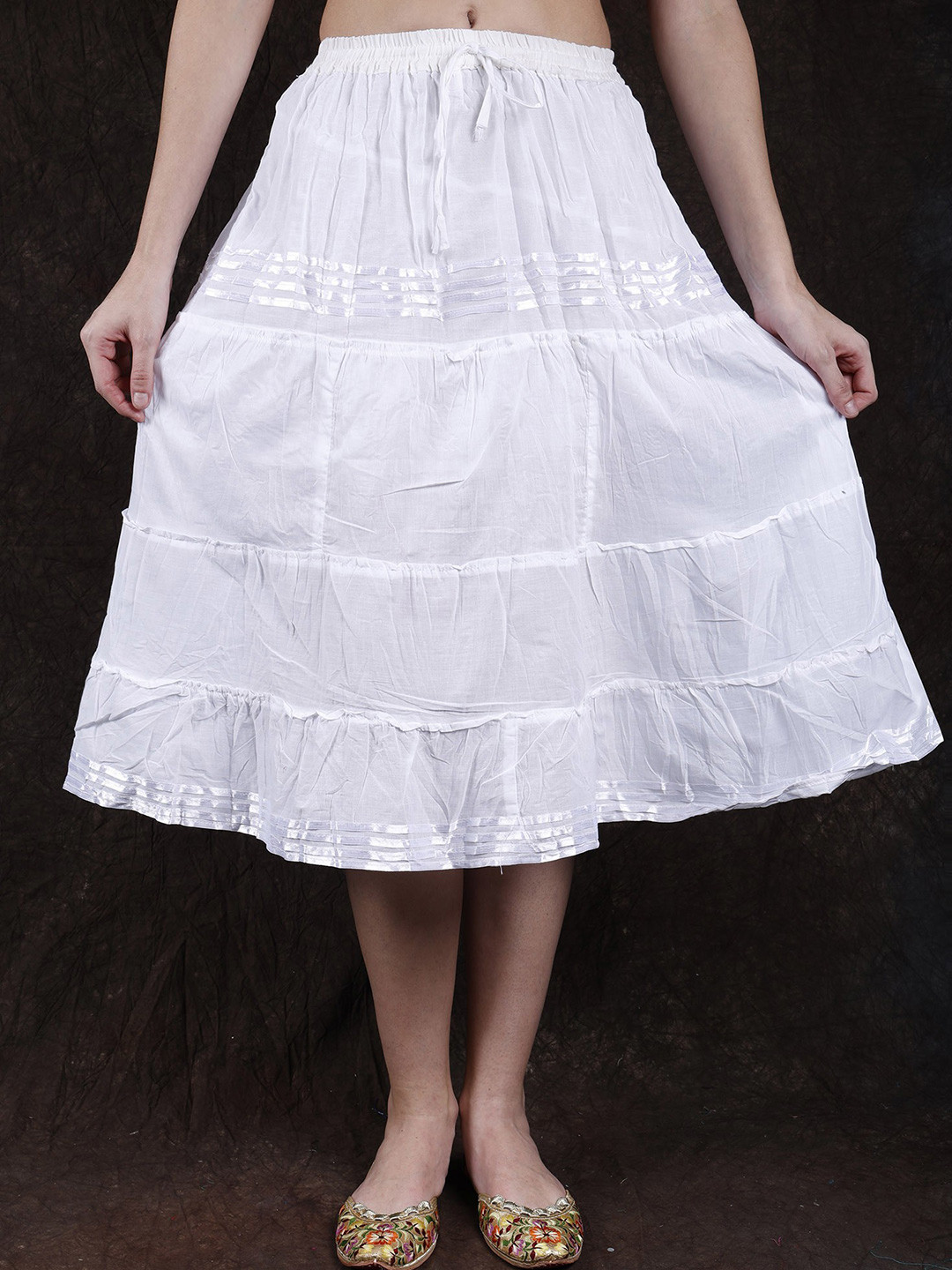 Exotic India Self Design Pure Cotton Lace Tiered Midi Skirt