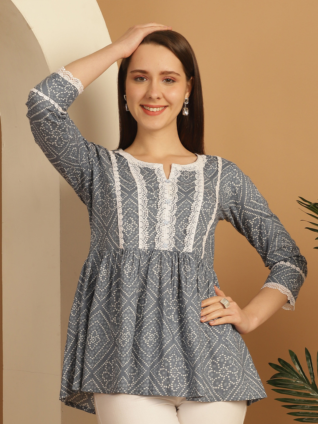 KALINI Bandhani Printed Lace Inserted Cotton Peplum Top